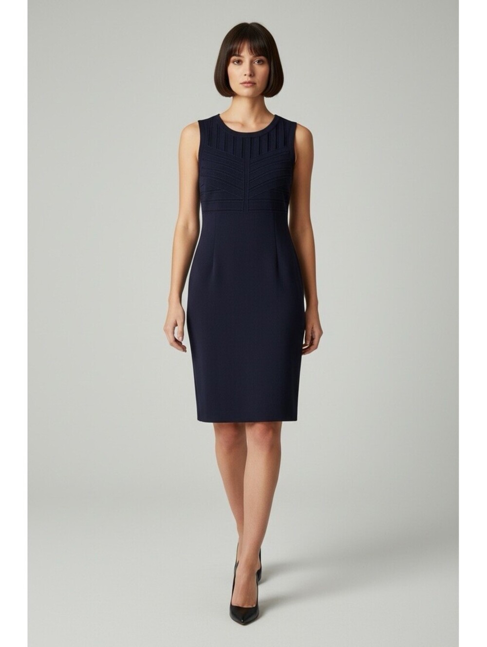 Tahari Size 8 Navy Blue Sleeveless Ponte Knit Stretch Shift Sheath Dress Minimal
